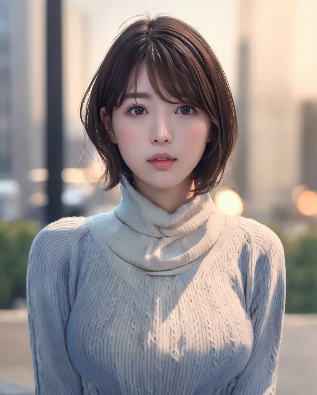 pureerosface_v1:0.3, best quality, photorealistic, 8k, high res, full color, 1girl, woman, 20 years old woman, closed mouth, (skindentation), (portrait:0.6), trees, park bench, daylight, ((park background:1.52)), full color, ((necksweater:1.68)), looking at viewer:1.8, (1girl eyes looking at viewer:1.55), (medium-length hair, brownhair, partedbangs:1.45), (bokeh), <lora:AAV-tsukasa:0.65>