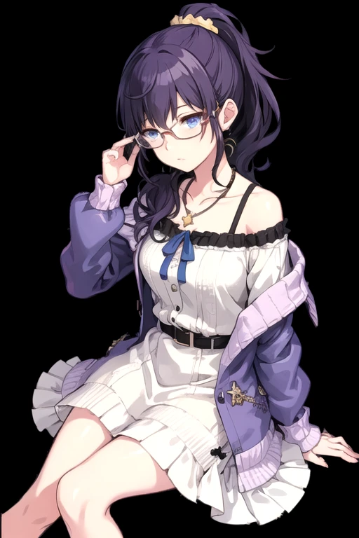 amafuyu, 1girl, solo, long hair, blue eyes, simple background, hair ornament, long sleeves, dress, jewelry, sitting, closed mouth, collarbone, jacket, ponytail, purple hair, frills, glasses, necklace, off shoulder, expressionless, short dress, scrunchie, frilled dress, cardigan, cross, high ponytail, black background, hair scrunchie, adjusting eyewear, purple jacket<lora:AsahinaMafuyu:0.5>