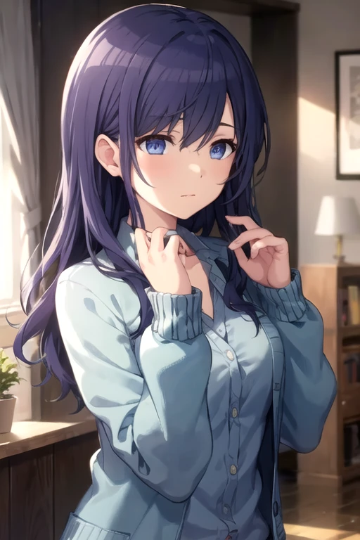 amafuyu, 1girl, solo, long hair, blue eyes, shirt, long sleeves, holding, hair between eyes, closed mouth, blue hair, upper body, purple hair, open clothes, shiny, collared shirt, indoors, blurry, shiny hair, hands up, blurry background, cardigan, blue shirt, open cardigan<lora:AsahinaMafuyu:0.5>