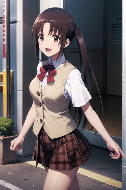 (extremely detailed CG unity 8k wallpaper), (masterpiece), (best quality), (ultra-detailed), (best illustration), (best shadow), (absurdres), 1girl, solo, <lora:kotomi:0.8>, kotomi tsuda, school uniform, plaid skirt, beige vest, short sleeves, looking at viewer, street, :d, open mouth, walking