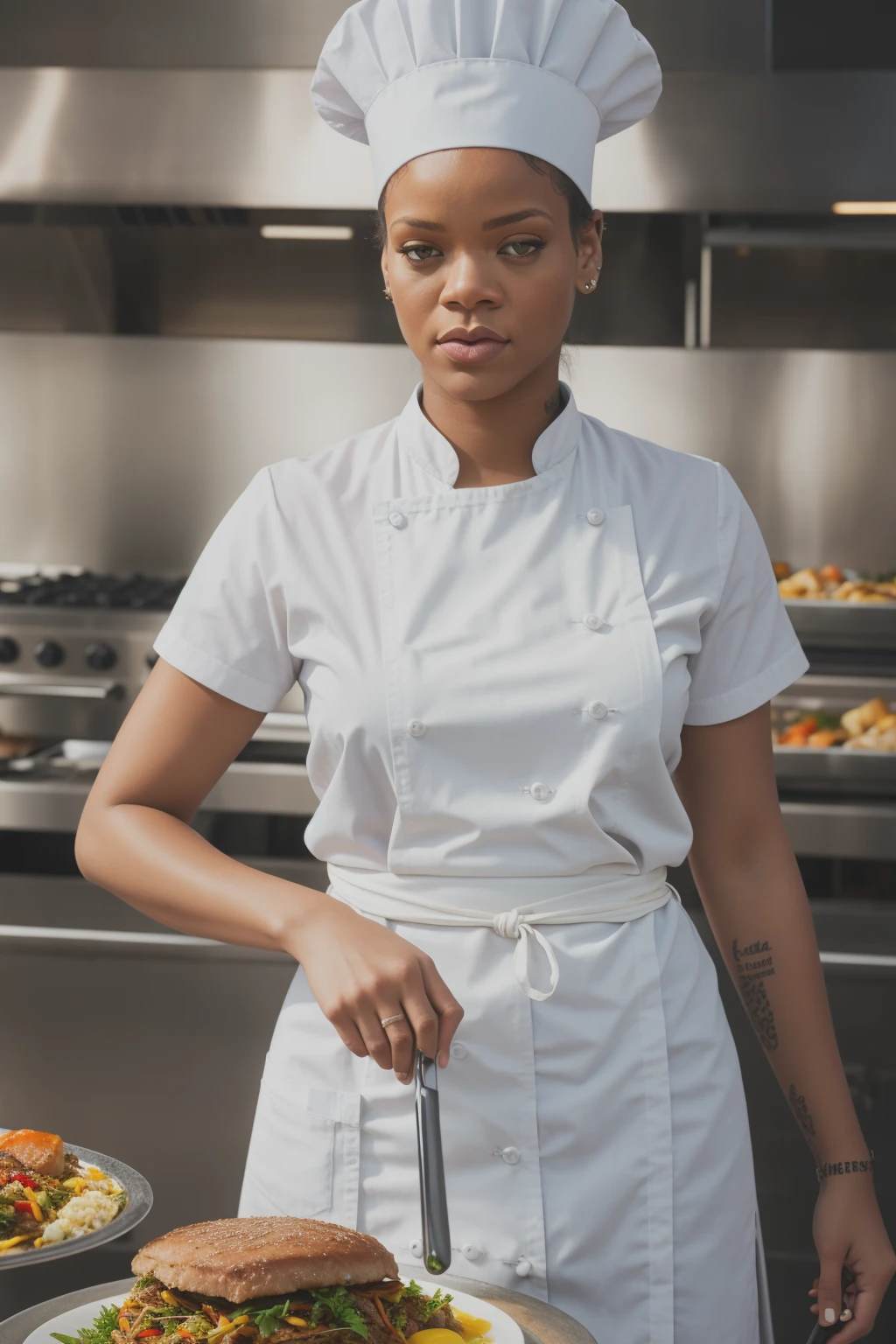 half-body portrait 3d render, Rihanna working as a line cook in a busy restaurant, sporting a white chef hat and apron, 3d, octane render, depth of field, unreal engine 5, concept art, vibrant colors, glow, trending on artstation, ultra high detail, ultra realistic, cinematic lighting, focused, 8 k