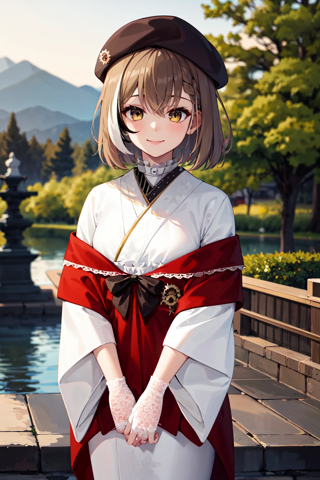 masterpiece, best quality, highres, bbmumei, short hair, multicolored hair, braid, hat, beret, japanese clothes, white kimono, print kimono, floral print, shawl, ribbon, white gloves, lace gloves, wide sleeves, <lora:nanashi_mumei_v1:0.9>, outdoor, standing, cowboy shot, smile, arms at sides, straight-on,