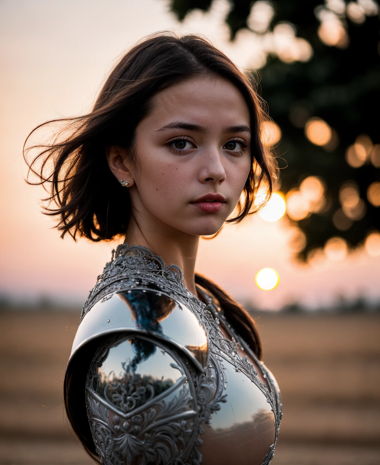 (masterpiece), (extremely intricate:1.3), (realistic), portrait of a girl, the most beautiful in the world, (medieval armor), metal reflections, upper body, outdoors, intense sunlight, far away castle, professional photograph of a stunning woman detailed, sharp focus, dramatic, award winning, cinematic lighting, volumetrics dtx, (film grain, blurry background, blurry foreground, bokeh, depth of field, sunset, motion blur:1.3)