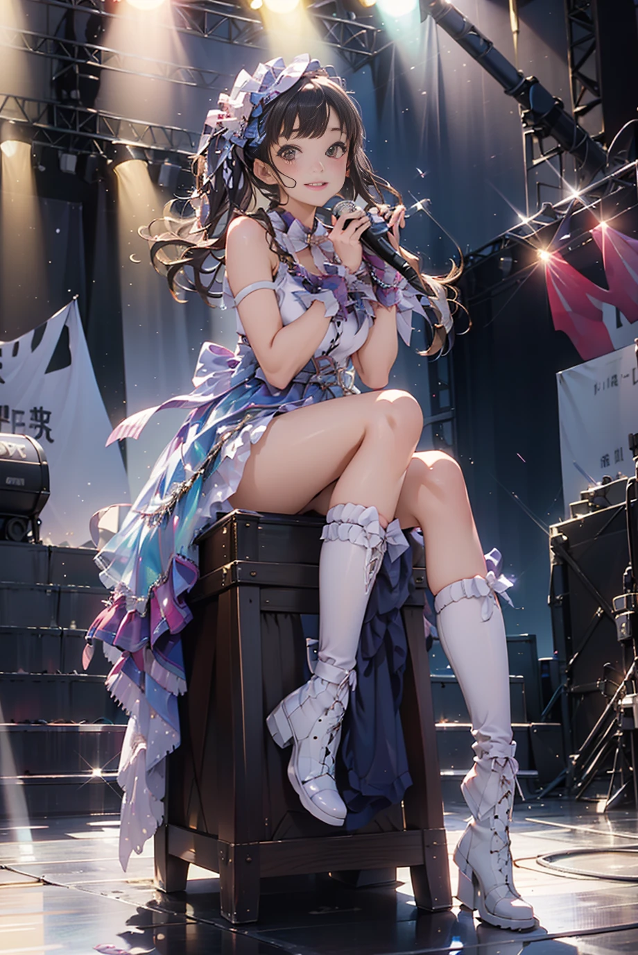 masterpiece, best quality, idol_costume, white knee boots, 1girl, solo, smile, idol, full body, looking at viewer, long black hair, sitting on stage, stage lighting, stage spotlight, detailed background, holding microphone, audience, <lora:idol_costume_style2_v2:0.7>