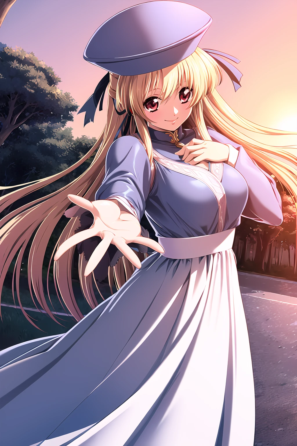 ((masterpiece, high quality, best quality)),
1girl, very long hair, tree, hair ribbon, smile, hat, red eyes, sunset, long sleeves, white hair, sunlight, blonde hair, dutch angle, outdoors, outstretched hand, outstretched arm, dress, looking at viewer,
<lora:yokota-style_v1.0:1.0>
