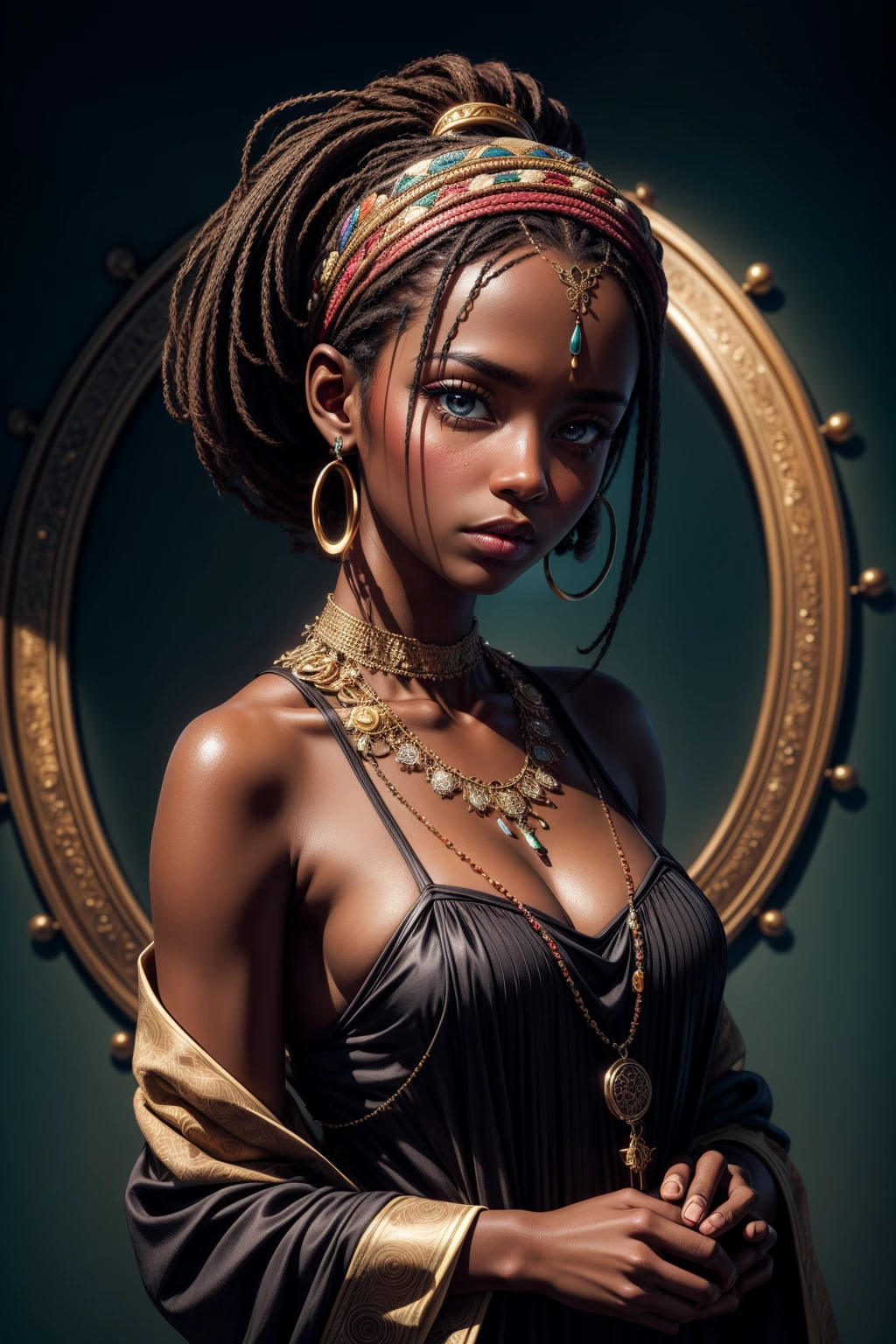 masterpiece, best quality, ultra high res, 1 dark skinned African girl, (fractal art:1.3), deep shadow, dark theme, fully clothed, necklace, forlorn, <lora:add_detail:1>