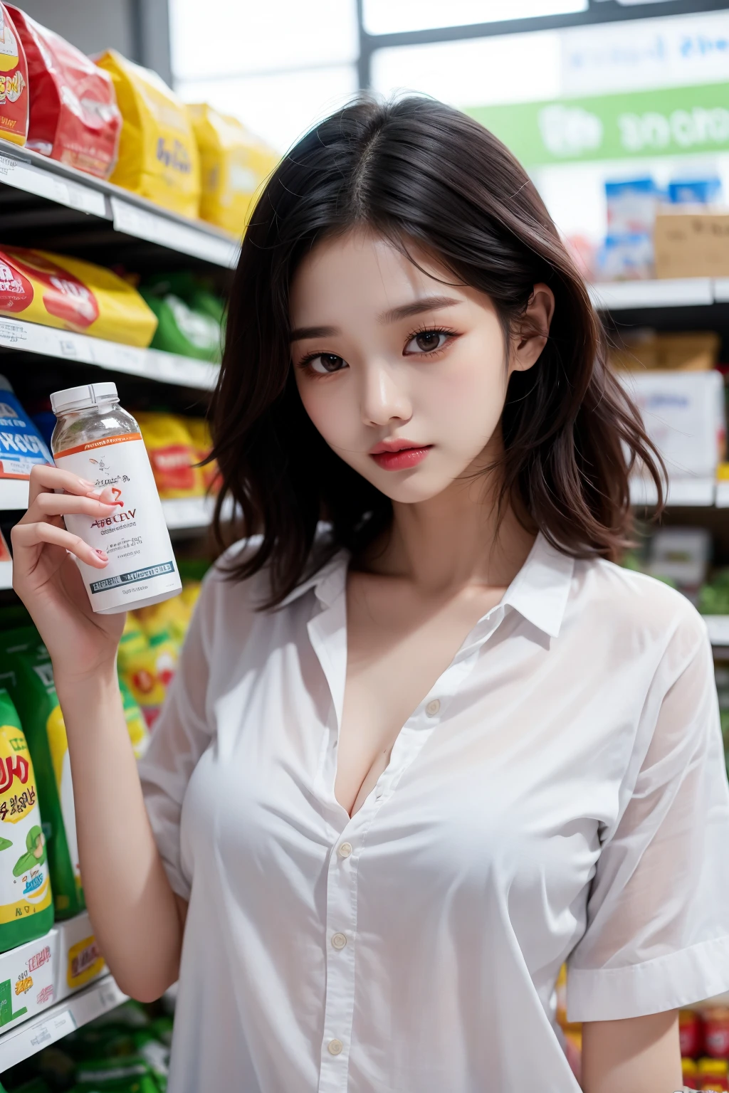 1lady, in the supermarket, white button shirt, (sexy:1.1),summer day, (masterpiece,best quality:1.5),large breast,PureErosFace ,<lora:Koreandolllikenessv2:-0.1>