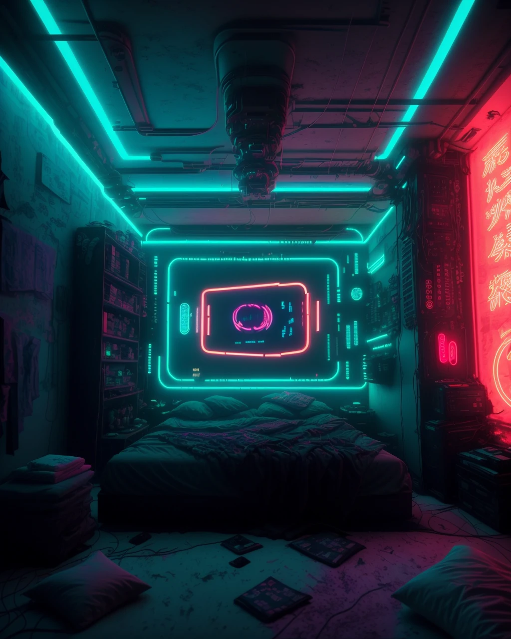 a room with a large screen and a bed in it with a silver light on the wall and a neon mustard light on the ceiling, Beeple, dystopia, cyberpunk art, neo-figurative