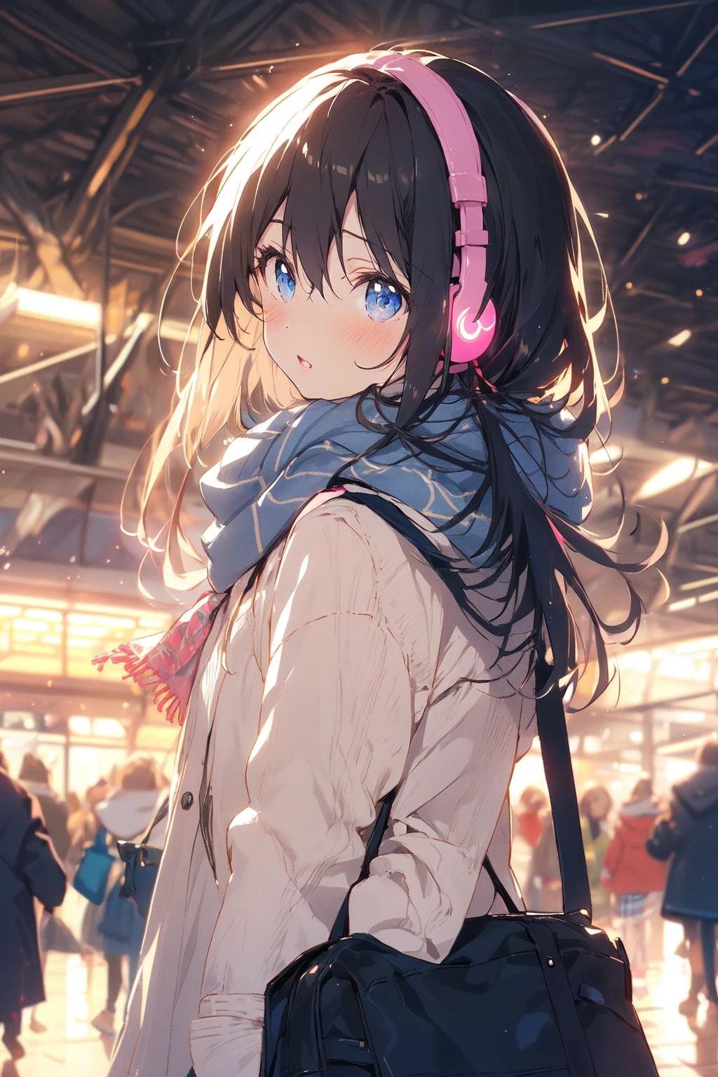 (masterpiece:1.2), best quality,cozy anime,
scarf, long hair, bag, headphones, solo focus, black hair, blush, looking at viewer, plaid scarf, parted lips, plaid, blurry, upper body, coat, bangs, multiple girls, train station, crowd, from side, 1girl, blue eyes, hair between eyes, enpera, depth of field, school bag
<lora:cozy anime_20230630155224:0.9>