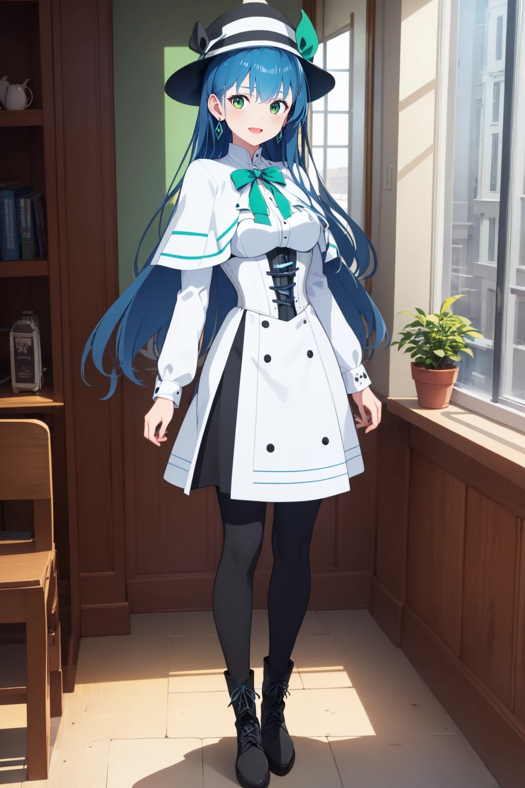 isabellaNorn,1girl,solo,((blue_hair)),long_hair,((green_eyes))blush,smile,happy,:D,open_mouth,<lora:isabellaNornV2-000008:.8>,jewelry, earring,indoors,cafe,((full_body)),masterpiece,highly_detailed,medium_breasts,white_capelet,corset,upper body, hat,hat_bow,ribbon,long_sleeves,looking at viewer, boots,window,door,pantyhose,black footwear, white_dress