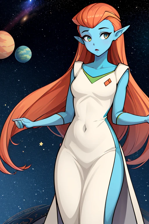 ((masterpiece,best quality)), absurdres, cinematic composition, long flowy dress,
<lora:mira_nova_v1-10:0.7>, mira_nova, looking at viewer, blue skin, orange hair, pointy ears,
Space, stars, planets,