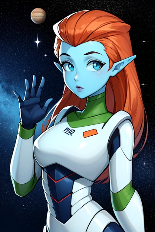 ((masterpiece,best quality)), absurdres, cinematic composition,
<lora:mira_nova_v1-10:0.7>, mira_nova, orange hair, blue skin, looking at viewer, upper body, waving,
curvy, pointy ears,
space suit,
Space, stars, planets,