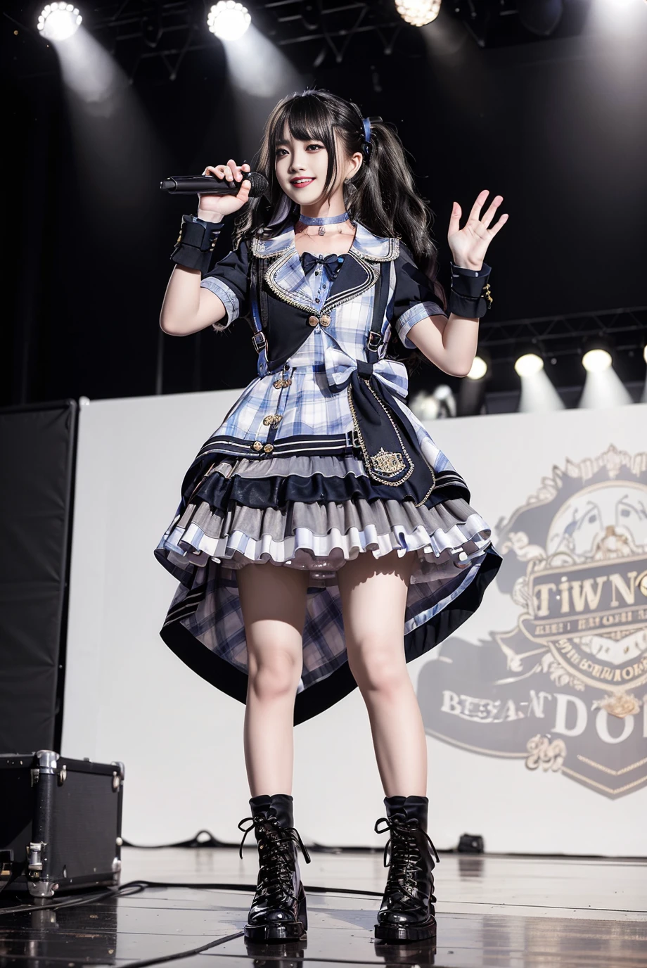 realistic, photorealistic, masterpiece, best quality, idol_costume, knee boots, 1girl, solo, smile, idol, full body, looking at viewer, long black hair, twintails, standing on stage, stage lighting, stage spotlight, detailed background, singing, holding microphone, audience, <lora:Cute Asian Face:0.7>, <lora:idol_costume_style4_v1:0.7>