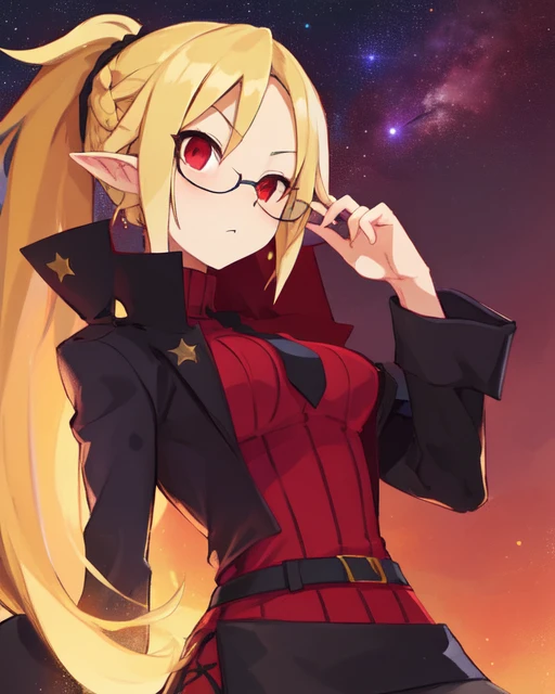Professor,pointy ears, red eyes, blonde hair,ponytail, standing, cold expression, upper body, solo
ProfAtt,ribbed turtleneck, miniskirt,glasses,necktie,black coat, long sleeves ,black footwear,high heels,
outer space, stars, lab,
(insanely detailed, beautiful detailed face, masterpiece, best quality) cinematic lighting, <lora:Professor-08:0.7>