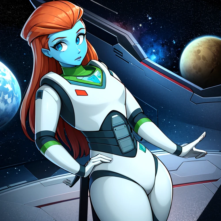 ((masterpiece,best quality)), absurdres, cinematic composition,
<lora:mira_nova_v1-10:0.8>, mira_nova, orange hair, blue skin, looking at viewer, space suit,
Space, stars, planets,