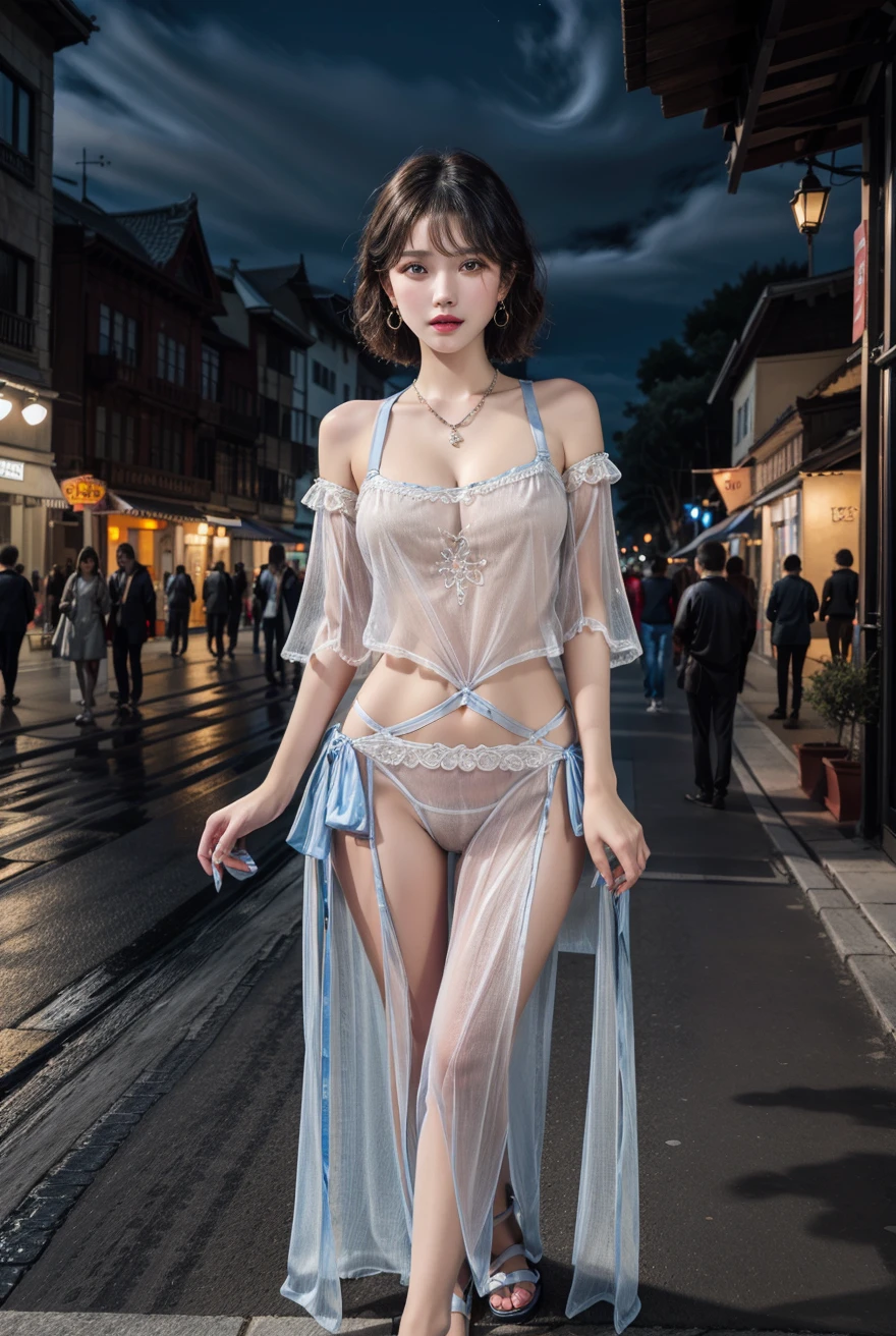 masterpiece,best quality,(Night:1.7),CityView,(outdoors:1.3),city lights,skyscraper,street,close up,
1girl,jewelry,earrings,necklace,standing,pose,beautiful face,full body,(short hair:1.5),
<lora:more_details:0.6>,
<lora:Dunhuang apsaras dudou_V2:0.7> dress,underwear,see-through,chinese clothes,panties,