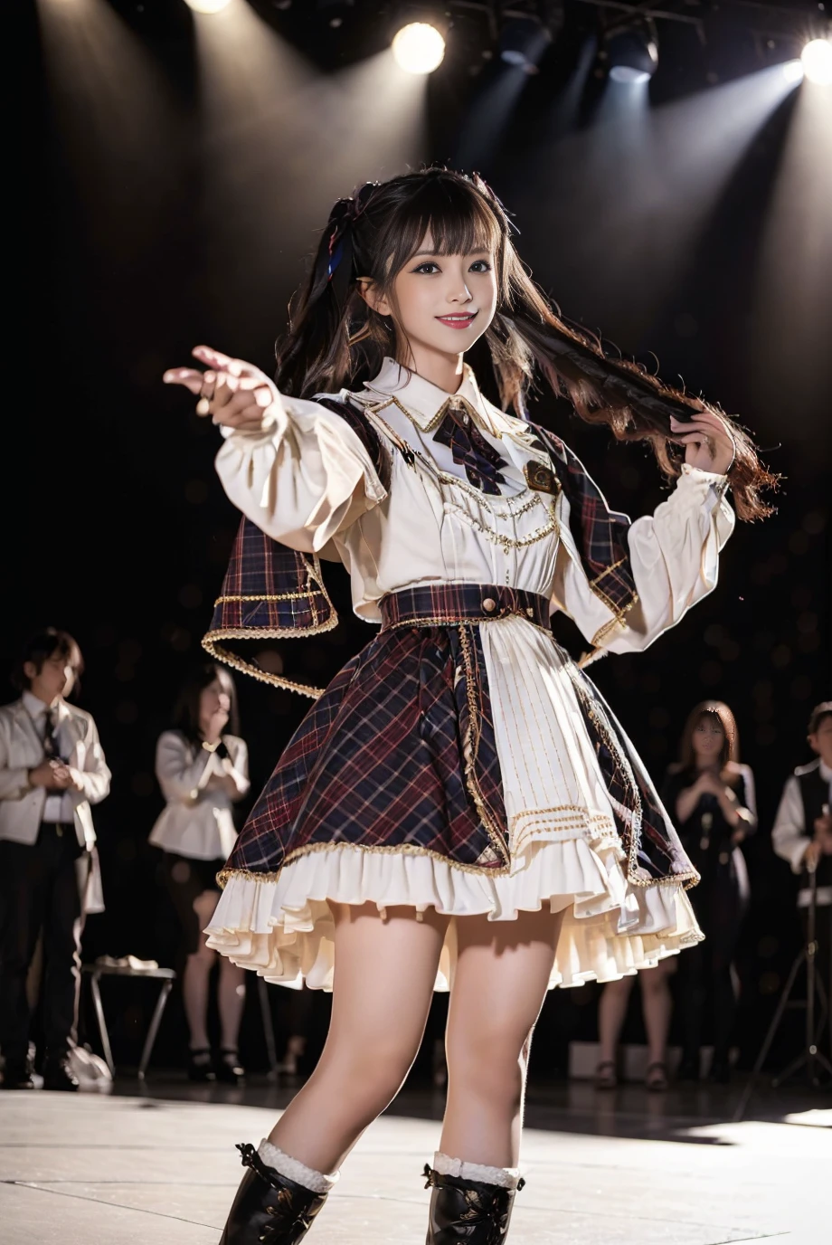 realistic, photorealistic, masterpiece, best quality, idol_costume, knee boots, 1girl, solo, smile, idol, full body, looking at viewer, long black hair, twintails,standing on stage, stage lighting, stage spotlight, detailed background,<lora:Cute Asian Face:0.6>, <lora:idol_costume_style3_v3:0.7>
