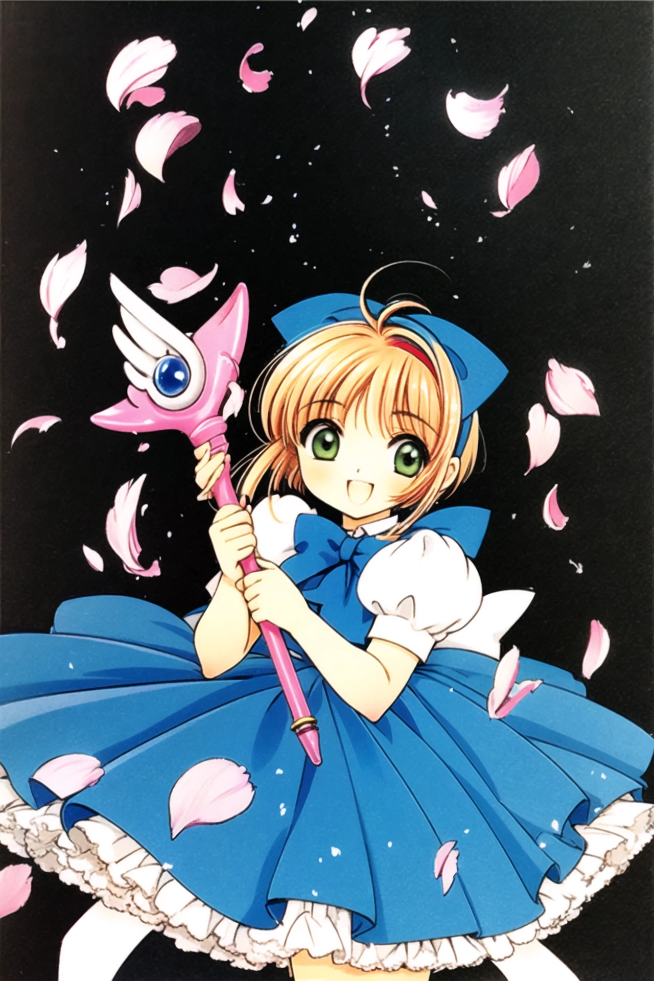 1girl, kinomoto sakura, dress, 1990s (style), blue dress, retro artstyle, puffy sleeves, green eyes, open mouth, solo, bow, holding, short sleeves, puffy short sleeves, brown hair, petals, fuuin no tsue, smile, short hair, apron, looking at viewer, frills, :d, blue bow, antenna hair, hair bow, white background, bangs, white bow, hairband, petticoat, frilled dress, white apron, simple background, magical girl, wand, frilled apron, cowboy shot, blue hairband, female , holding wand, traditional media, <lora:Card Captor Sakura:0.8>