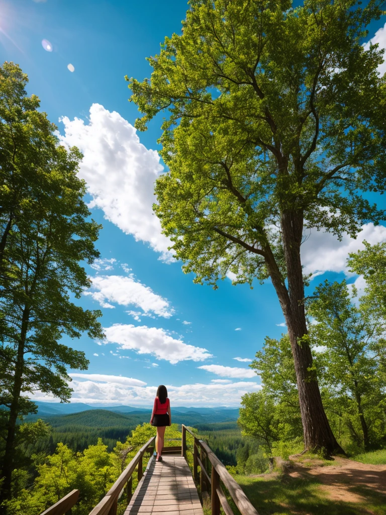 long shot scenic professional photograph of woman,Tree platform,, perfect viewpoint, highly detailed, wide-angle lens, hyper realistic, with dramatic sky, polarizing filter, natural lighting, vivid colors, everything in sharp focus, HDR, UHD, 64K