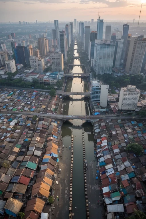 from above, slumparea full of trash at jakarta, trash can, garbage, trash, plastic bag, dirty, slum city, poverty, dim light, epic, cityscape, dawn, clear sky, tree, railroad, cable, dramatic, river,