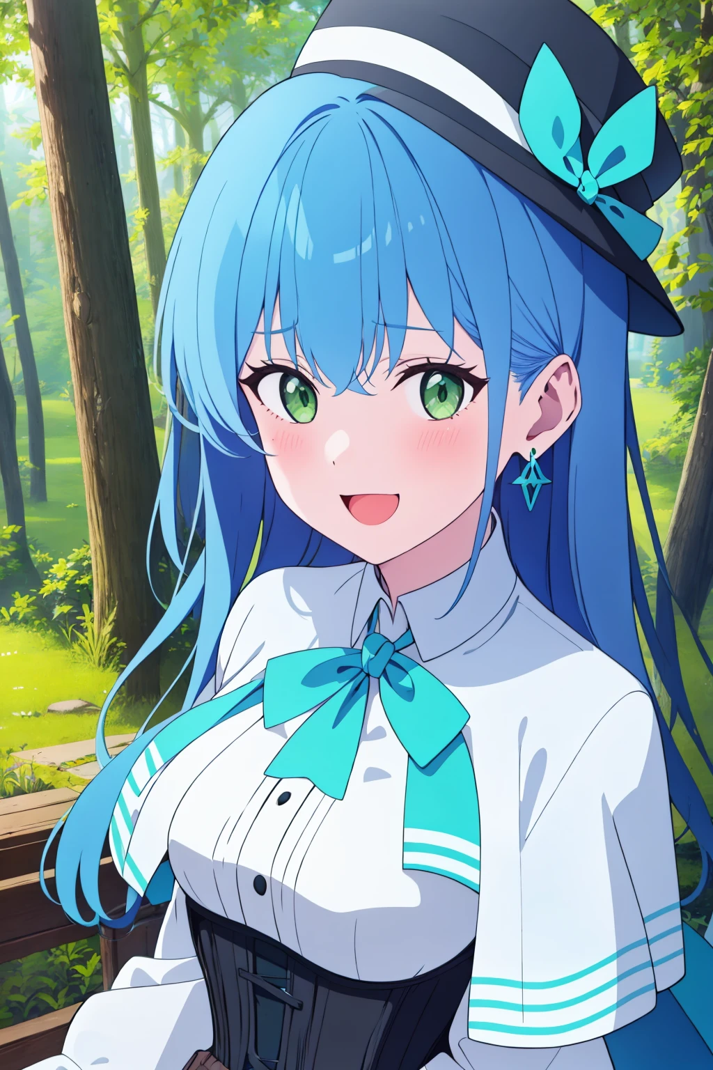 isabellaNorn,1girl,solo,((blue_hair)),long_hair,((green_eyes))blush,smile,happy,:D,open_mouth,<lora:isabellaNornV2-000008:.8:OUTD>,jewelry, earring,outdoors, forest,trees,masterpiece,highly_detailed,medium_breasts,capelet,corset,upper body, hat,hat_bow,ribbon,long_sleeves,looking at viewer, from_above