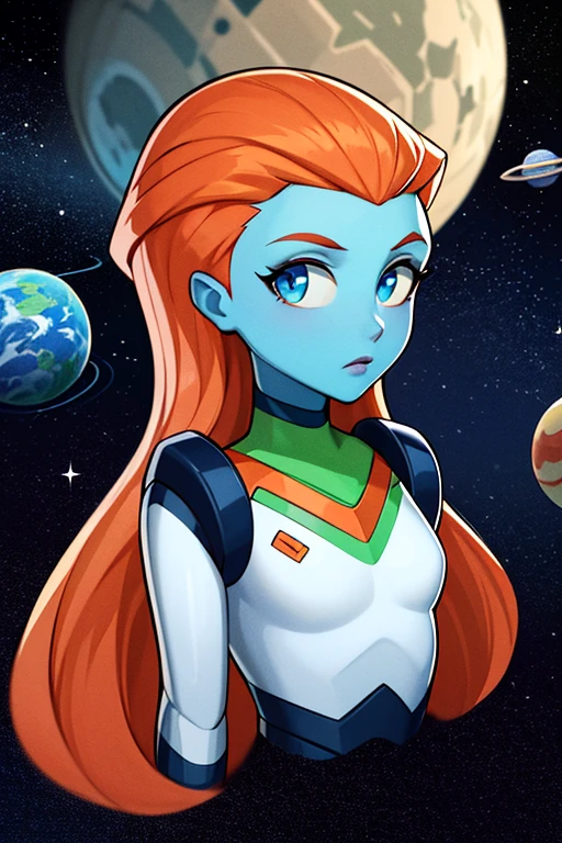 ((masterpiece,best quality)), absurdres, cinematic composition,
<lora:mira_nova_v1-10:0.7>, mira_nova, orange hair, blue skin, looking at viewer, upper body,
curvy, small breasts, 
 space suit,
Space, stars, planets,