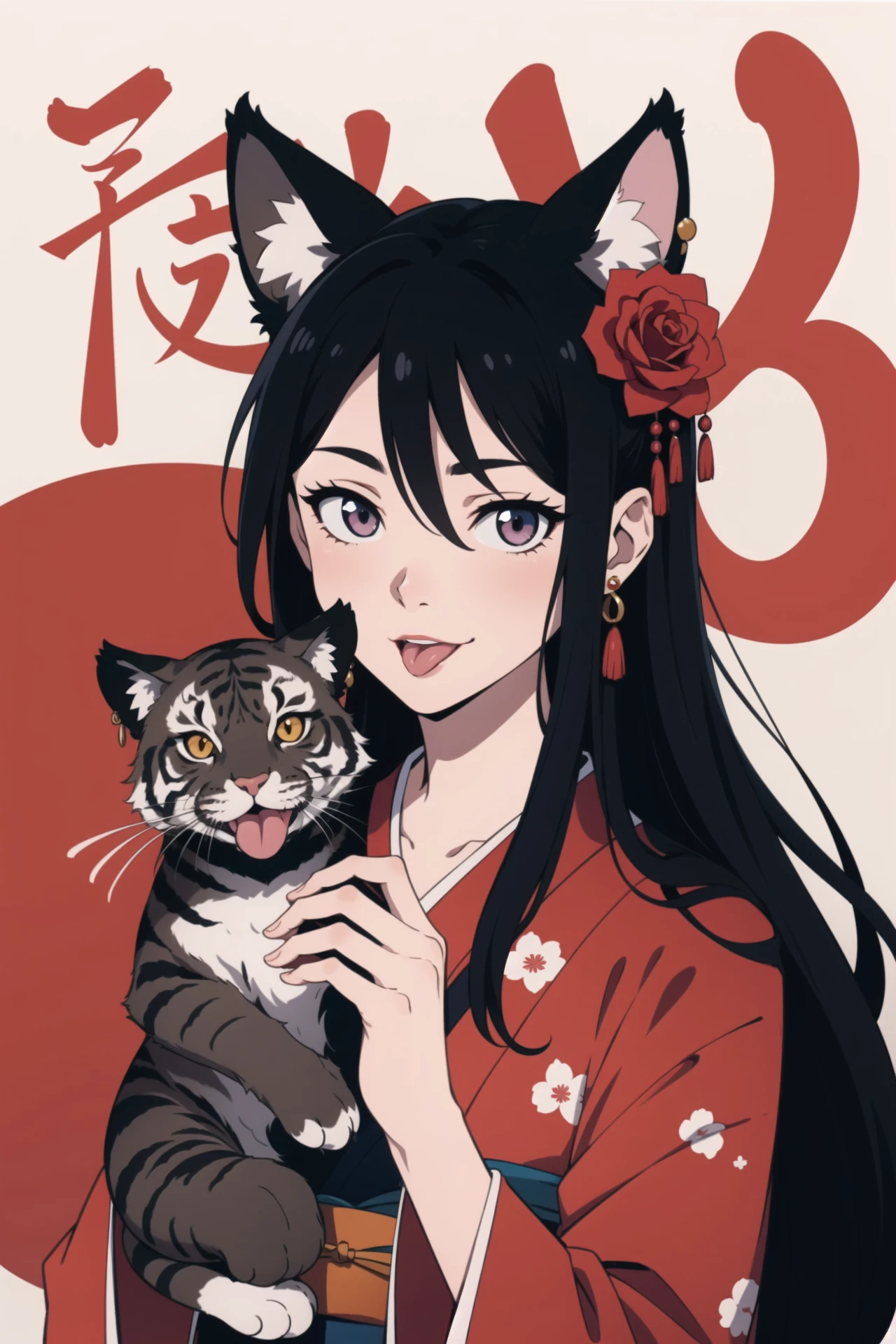 (limited_palette:1.2),1girl,2022,andou_you,animal,animal_hands,black_hair,blurry,blurry_background,cat,cat_paws,chinese_zodiac,close-up,earrings,floral_print,flower,hair_between_eyes,hair_flower,hair_ornament,highres,holding,holding_animal,holding_cat,japanese_clothes,jewelry,kimono,long_hair,nengajou,new_year,original,pink_kimono,red_flower,red_rose,rose,smile,tongue,tongue_out,year_of_the_tiger
