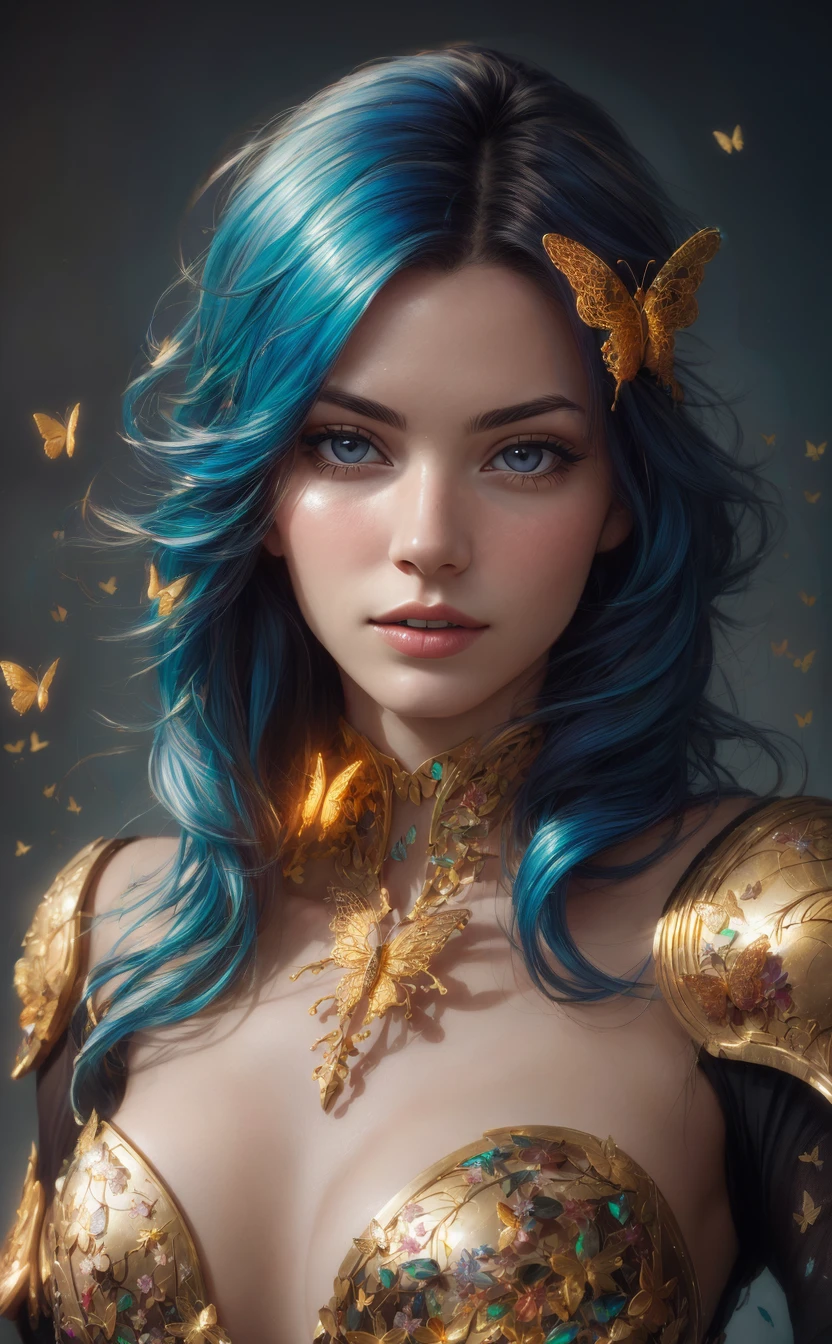 8k portrait of beautiful cyborg with blue hair, intricate, elegant, highly detailed, majestic, digital photography, art by artgerm and ruan jia and greg rutkowski surreal painting gold butterfly filigree, broken glass, (masterpiece, sidelighting, finely detailed beautiful eyes: 1.2), hdr, magical land, glass armor <lora:more_details:0.2>
