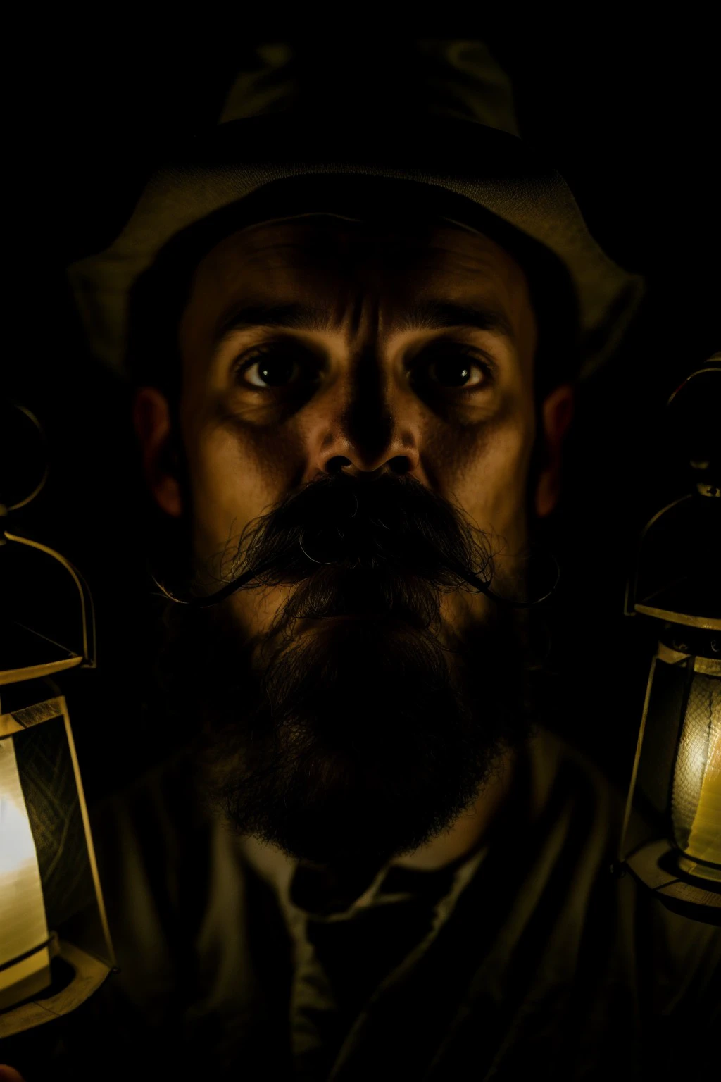 man holding a lantern, close up, shocked, mustache <lora:nighttime_v1:1>