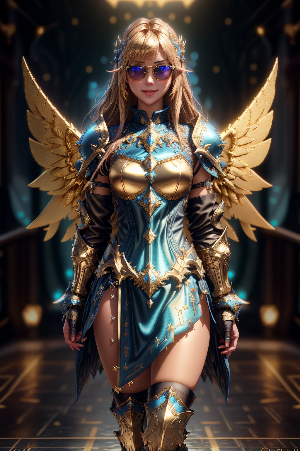 (Lenneth:2B:1.3) merge characters "2B" and "Lenneth", solo, 1girl, BREAK: hip-length silver hair in a loose braid, damaged ((gold trimmed sapphire blue plate mechanical armor)), (boob window:1.27), (pokie nipples:1.5), (blue plate armor helmet), black blindfold covering eyes under helmet, thigh cutouts, (tattered loin cloth skirt), gold and silver wings (on hips), BREAK: in fighting poses, holding glowing spear, light smile, BREAK: (deep dungeon interior setting), BREAK: (better hands, best hands), (insanely detailed, masterpiece, best quality)