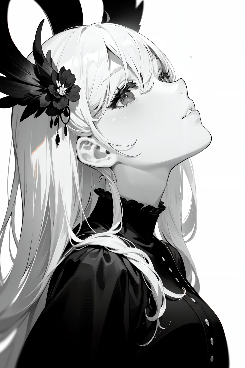 masterpiece, best quality, white background, black and white, monochrome, hair over eyes, girl, long hair, white hair, from side, looking up,