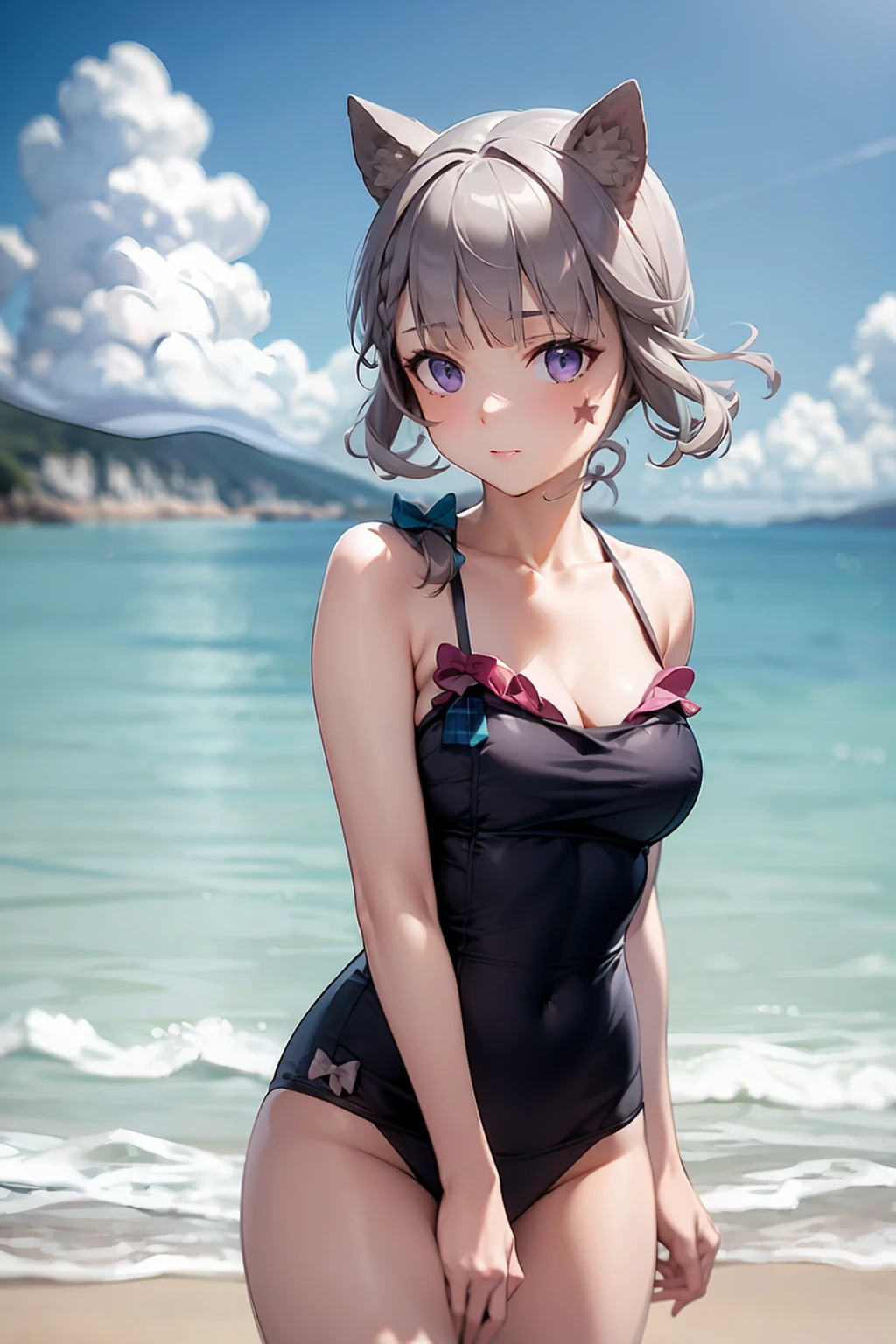 masterpiece, best quality, <lora:lynette:1>,lynette,blunt bangs, expressionless,animal ears, purple eyes,grey hair, short hair,bow, plaid ribbon,outdoors,ocean,swimsuit,