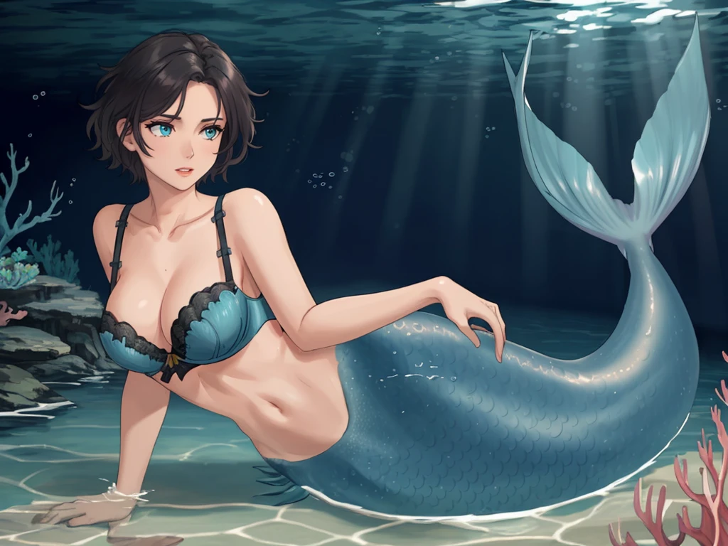 mature female, bra, mermaid, short black messy hair, underwater, master piece, best quality <lyco:mermaid-08:0.65>