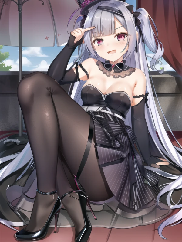(hyper extreme detailed),(masterpeace),(hyper extreme),(photorealistic),CG,1man,1girl, outdoors, PartyQueen, red eyes, puple hair, black hat, black dress,high heels,pantyhose, boot,black arm guards,, <lora:PartyQueen:1>