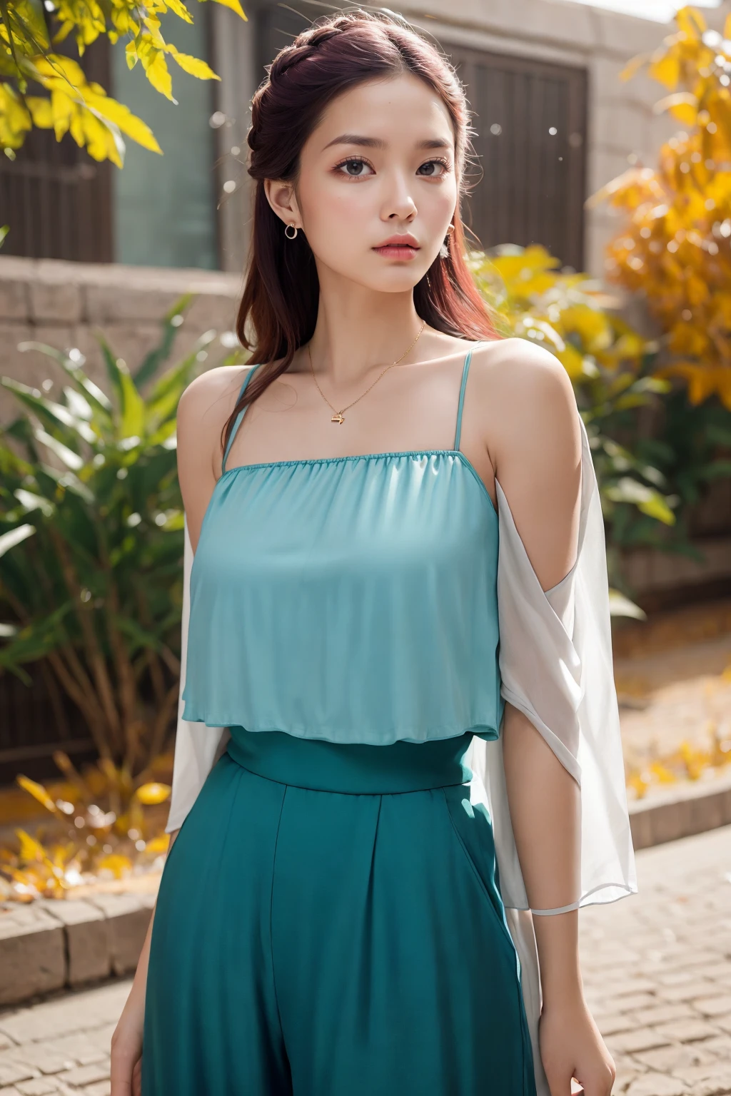 (bare shoulder, sexy,cleavage,:1.1), portrait, large breast, masterpiece,ultra realistic,32k,extremely detailed CG unity 8k wallpaper, best quality,(autumn day ),lady ,necklace ,eardrop, Cappadocia, Turkey, ( Teal Pair a silk camisole with high-waisted trousers ) , rainbow hair hair Half-up half-down ,