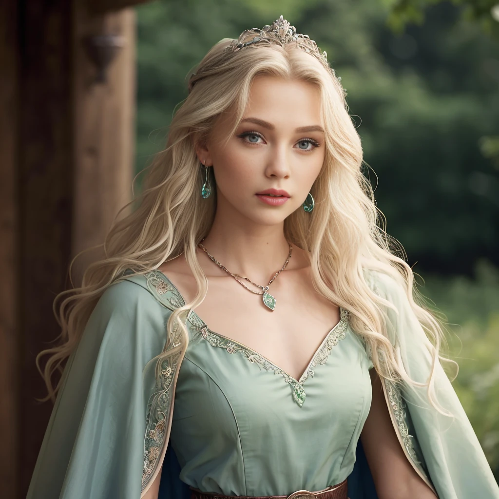 <lora:RPGElf:0.5> rpgelf, 1girl, solo, long hair, crown, parted lips, armlet, blue eyes,  earrings, belt, cape, green dress, jewelry, necklace, lips, white hair, blonde hair, green eyes, wavy hair, blurry, blurry background, realistic:1.3, 