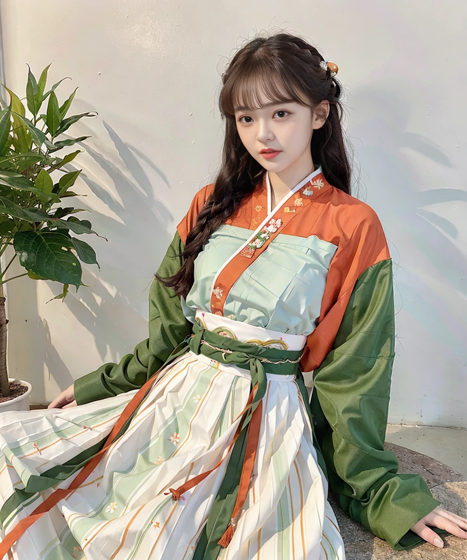 masterpiece, best quality,realistic,1girl,(hanfu, red long shan, green with white pleated skirt, orange songmo),<lora:hanfuSong_v35:0.6>, upper body