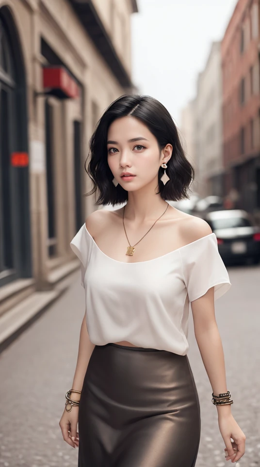 masterpiece,ultra realistic,32k,extremely detailed CG unity 8k wallpaper, best quality,
short hair, black hair, earrings,bracelets,necklace,jewelry, gorgeous light and shadow, stunning environment,bare shoulder shirt, pencil skirt,
girl in the city,street,(sexy:1.2), clavicle, cleavage