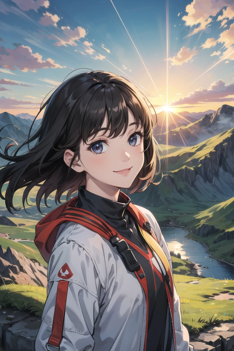 best quality, masterpiece,Dark hair, dark eyes, upper body, sun flare, outdoors, mountain, valley, sky. clouds, smiling,, <lora:more_details:0.3>, <lyco:GoodHands-beta2:1>