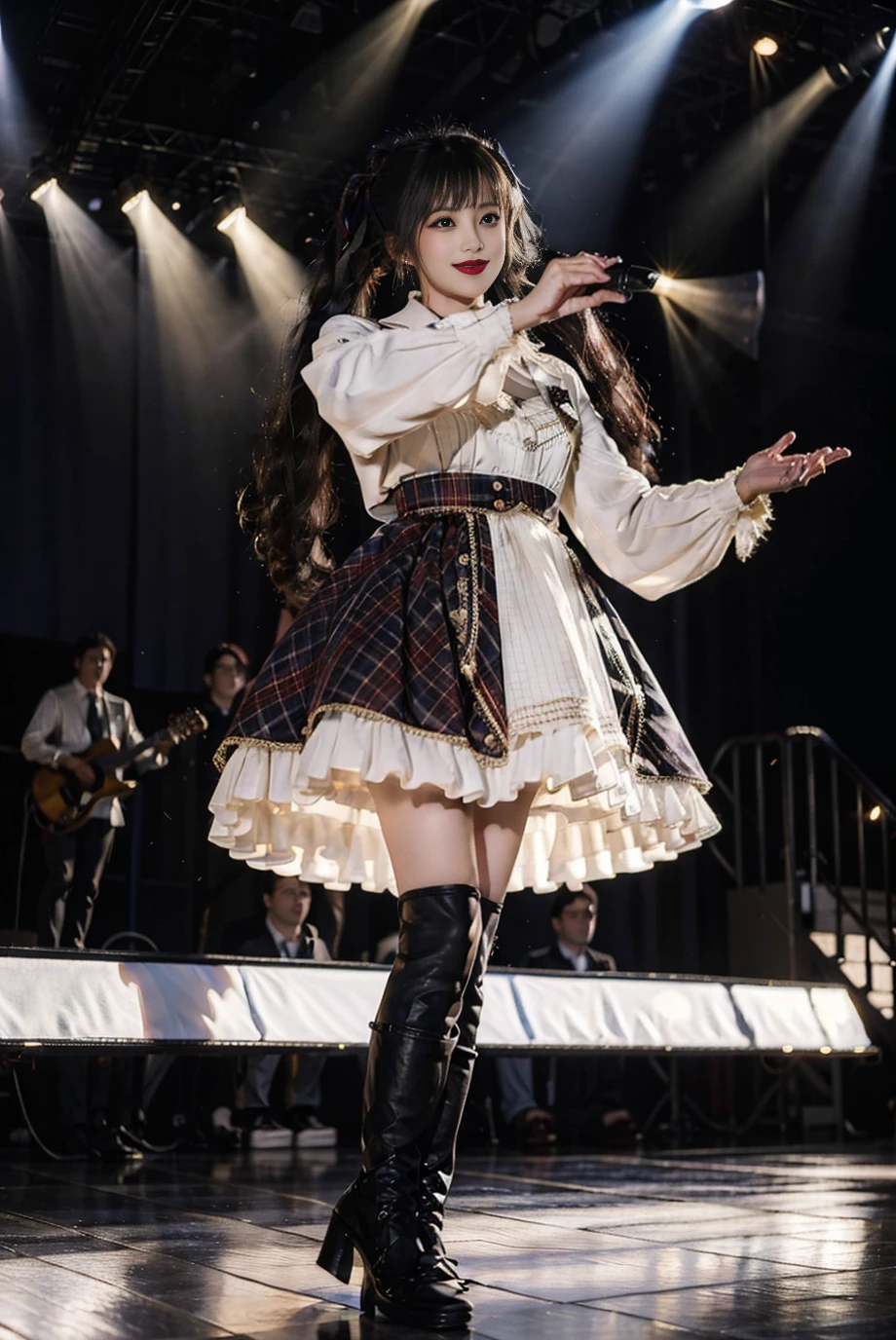 realistic, photorealistic, masterpiece, best quality, idol_costume, knee boots, 1girl, solo, smile, idol, full body, looking at viewer, long black hair, twintails,standing on stage, stage lighting, stage spotlight, detailed background, singing, holding microphone, audience, <lora:Cute Asian Face:0.6>,  <lora:idol_costume_style3_v3:0.7>