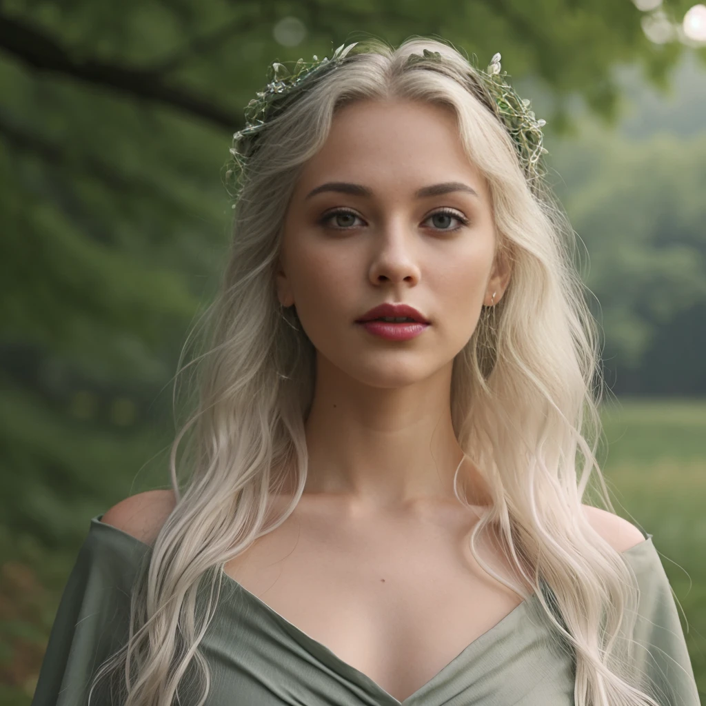 <lora:RPGElf:0.5> rpgelf,  1girl, white hair, blonde hair, long hair, grey eyes:1.2, earrings, leaf, parted lips, solo, breasts, jewelry, dress, green dress,  cape, lips, wavy hair, crown, outdoors,  blurry, realistic:1.3, 