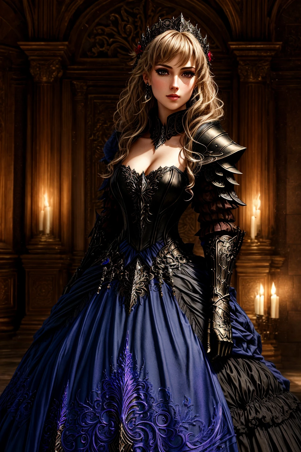 Masterpiece, absurdres,HDR, wallpaper quality ,highly detailed eyes and face, [ballgown|DRK_Glam], a woman in a dark armor gown posing for a picture , wearing a black [ballgown|DRK_Glam], <lora:DarkGown:1>