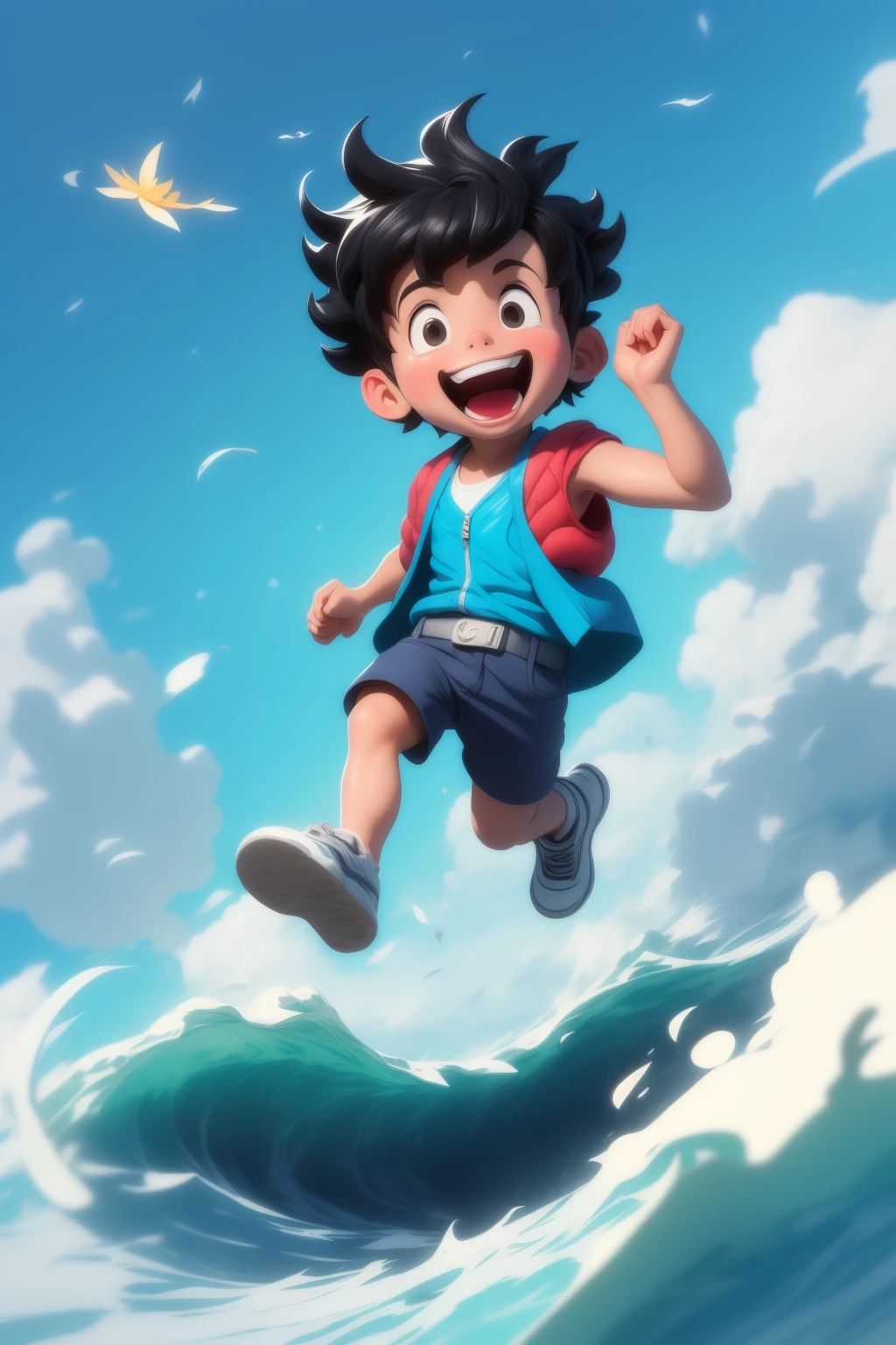(masterpiece,best quality:1.5),(simple white background,cloud,waves,cloud:1.2),
1 boy, (city,Banff National Park, Canada:1.1), full body,black hair, short hair,(black vest:1.1),smile,run