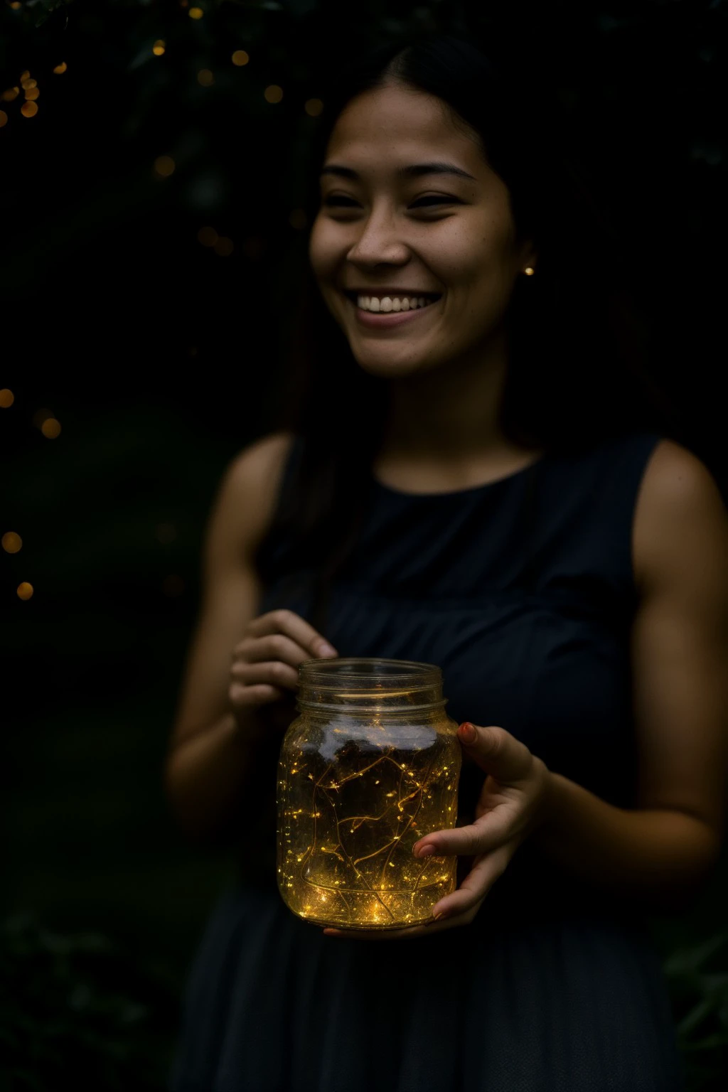 a woman super excited, holding a jar with  fireflies  <lora:nighttime_v1:1:1>