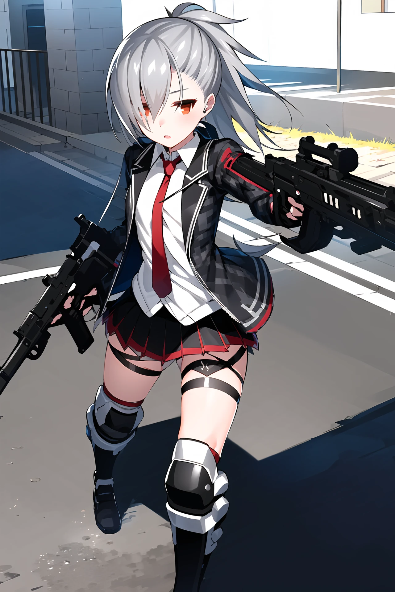 1girl, tina, best quality, standing, black jacket, red necktie, knee pads, long ponytail, silver hair, (red eyes), holding gun, submachine gun, city streets, sidewalk, alleyway, highly detailed