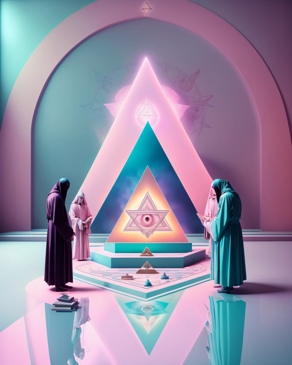 three people in white robes stand in front of a pyramid with a clock on it and a mirror on the floor below them, with a pink background , Professional photography, pastel colors , Occult art, occultism, surreal art, Occult, reflective materials , artistic photography, new age, illuminati, gnosticism, minimalism, Occult, sacred, 3d render