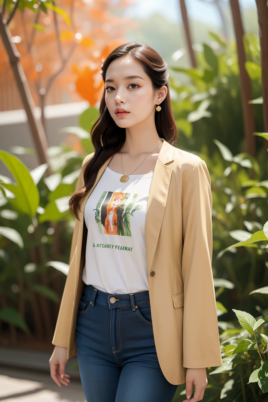 masterpiece,ultra realistic,32k,extremely detailed CG unity 8k wallpaper, best quality,(autumn day ),lady ,necklace ,eardrop, The Amazon Rainforest, Brazil, ( electric orange Wear a tailored blazer with a graphic t-shirt and skinny jeans. ) , Strawberry blonde hair French twist ,