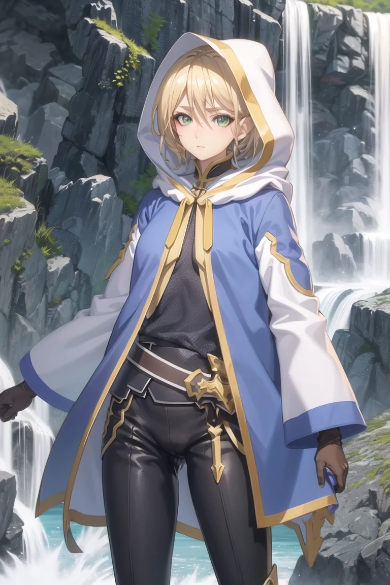 anime,(retinue,hood),extremely detailed cg unity 8k wallpape,ray tracing, cinematic lighting,waterfall,1girl,medium breasts,blonde hair,black pants,gloves,green_eyes,