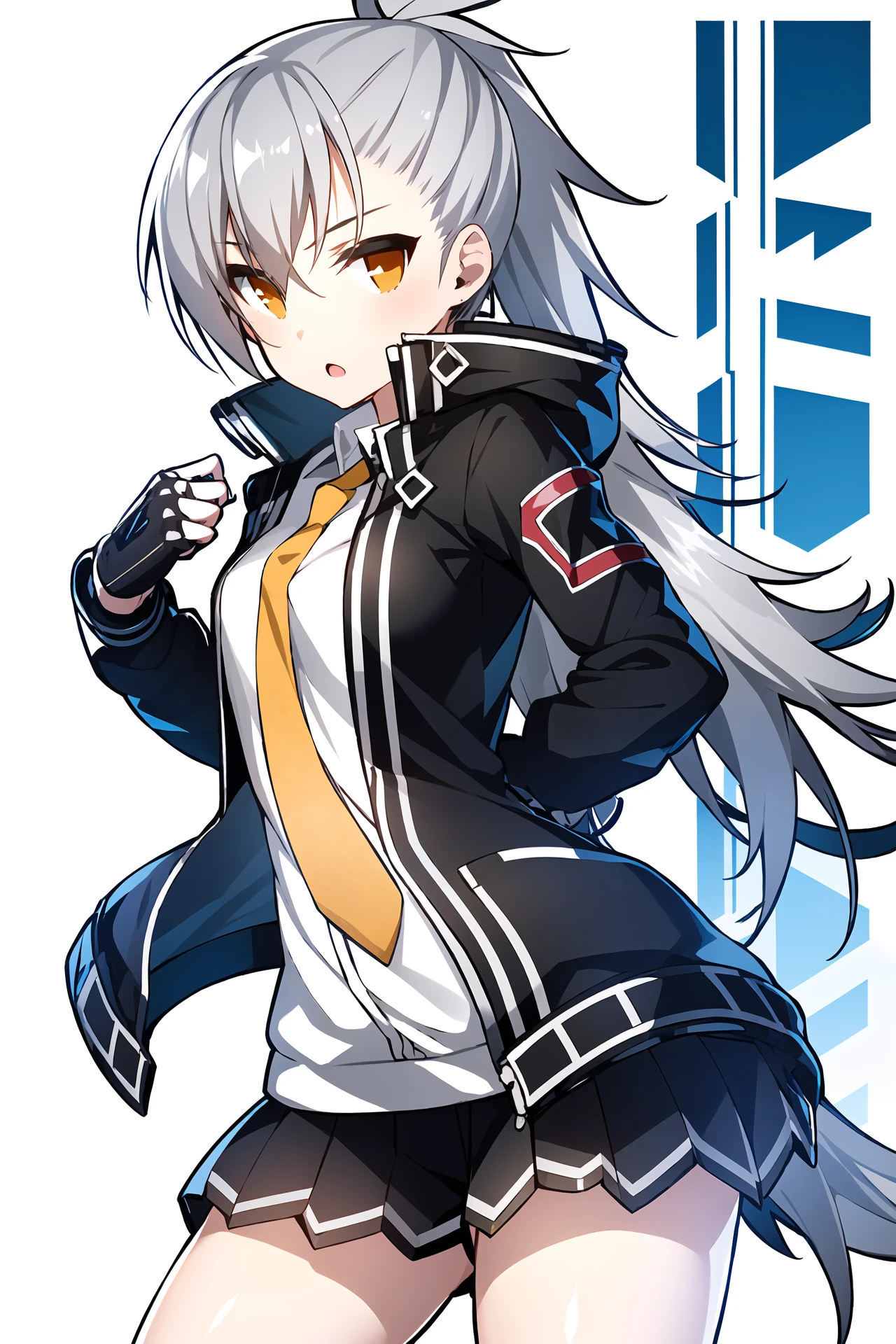 1girl, tina, best quality, standing, jacket, yellow necktie, long ponytail, silver hair