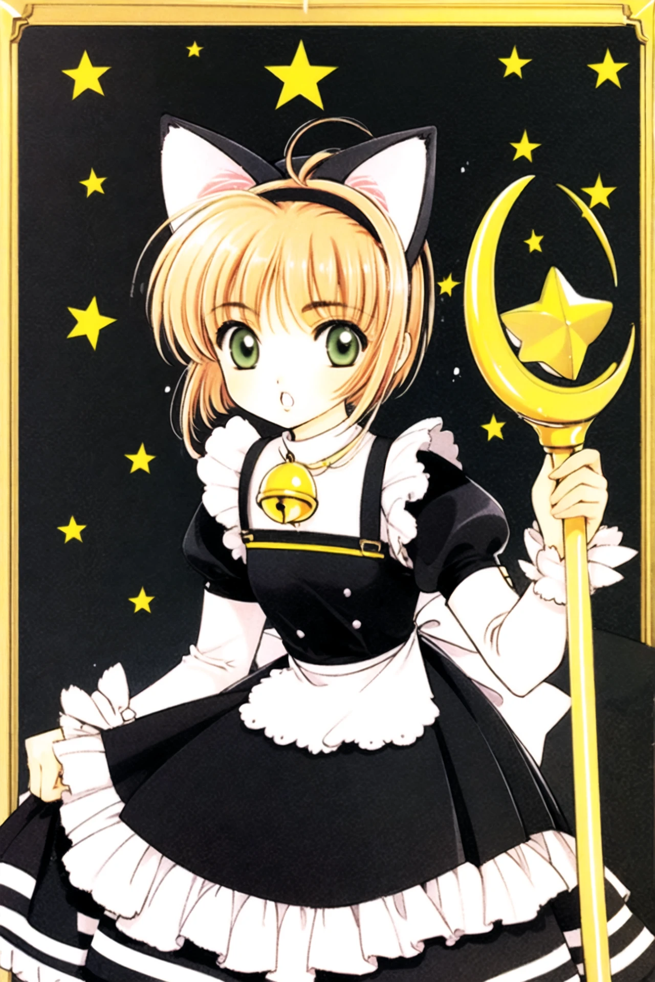 1girl, kinomoto sakura, animal ears, 1990s (style), green eyes, solo, bell, cat ears, holding, retro artstyle, star (symbol), short hair, dress, apron, open mouth, fake animal ears, looking at viewer, bangs, jingle bell, antenna hair, black dress, long sleeves, magical girl, white apron, neck bell, blonde hair, staff, brown hair, black background, hairband, holding staff, frilled apron, <lora:Card Captor Sakura:0.8>